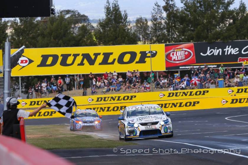 Hazelwood crossing the line after the 38-lap race. Photo: Speed Shots Photography/Nathan Wong